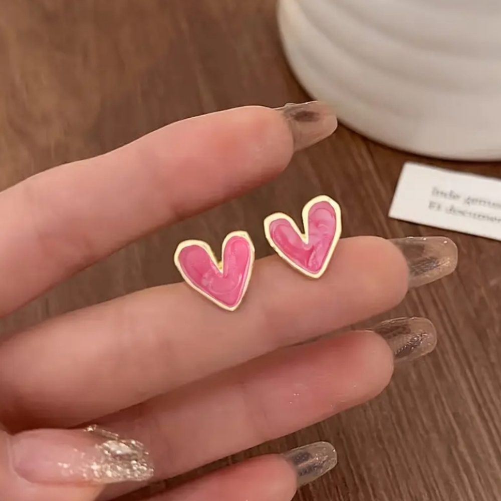 Pink Heart Gold Earrings - Picture 2 of 6
